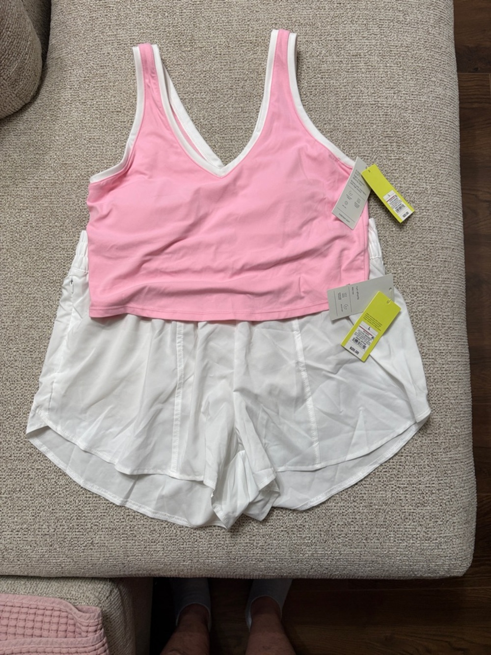 NWT All in Motion Pink V-Neck Crop Tank Sports Bra with White Running Shorts L